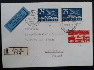 Rare 1936 Switzerland Airmail Registd Cover Ties 3 Stamps Canc Basel
