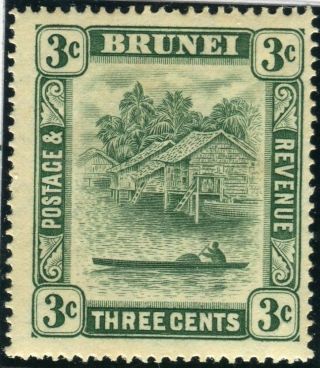 Brunei - 1941 3c Blue - Green Unissued.  A Mounted Example,  Toned Gum