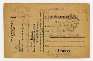 1917 Wwi Prisoner Of War Cover,  British Pow At Darmstadt Camp,  Germany To Uk