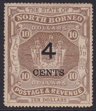 North Borneo.  Sg 124,  4c On $10 Brown.  Mounted.