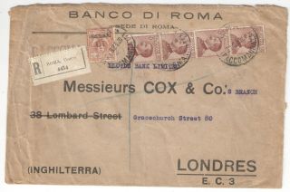 Italy 1923 Reg.  Cover 10c.  /2c. ,  85c.  Strip 4 From Roma To London