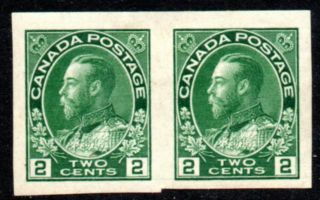Canada 1924 King George V 2c Deep Green Imperf.  Pair Sg260 Mounted