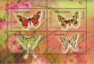 Chad Butterflies Flowers Souvenir Sheet Of 4 Stamps Nh