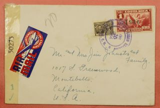 Dr Who 1944 Costa Rica 1col Overprint Airmail C103wwii Censored To Usa 39416
