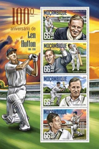 Mozambique 2016 Mnh Len Hutton 100th Birth Anniv 4v M/s Cricket Sports Stamps