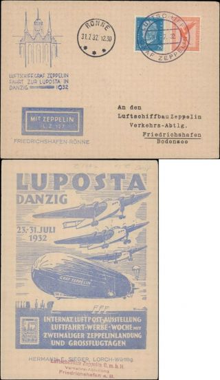 1932 Germany Multi Zeppelin Cachet On Danzig Postcard