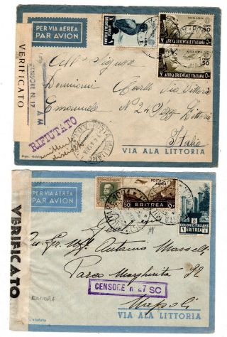 1940/41 Italian Forces In Ethiopia To Italy Censored Airmail Covers X 2.