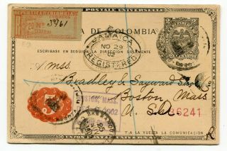 Colombia 1902 Registered Stationery Postcard To Usa Via Jamaica - Attractive