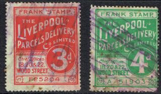 Liverpool Parcels Delivery Company " Frank Stamp " 3d Red,  4d Green