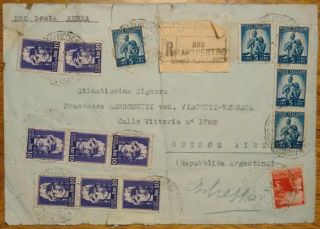 Italy To Argentina 1946 Airmail Registered Cover Franking
