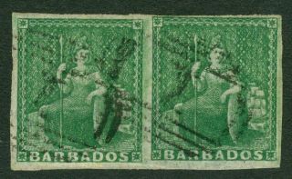 Sg 7 Barbados 1855 - 58 (½d) Yellow Green.  No Wmk Imperf Pair.  Very Fine.