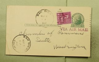 Dr Who 1947 San Diego Ca Prexie Uprated Airmail Postal Card To Wa E38036