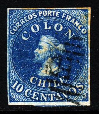 Chile 1861 10c.  Colon Last London Printing Chile 11 Scott 12 Sg 31/2 Wmk 1 Vfu