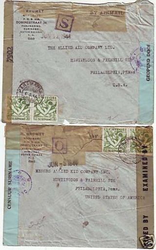 1944 2 X Double Censored Suriname To Philadelphia Usa Covers Ww2