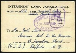 Jamaica 1942 Internment Camp Postcard To Usa - Censor D38. . .  94912