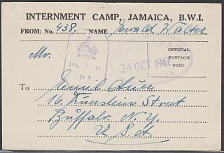 Jamaica 1942 Internment Camp Postcard To Usa - Censor D5. . .  54781