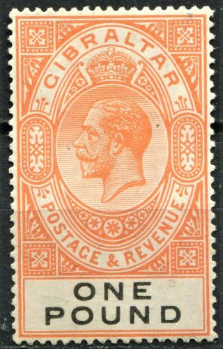 Gibraltar 1925,  Sg 107,  £1 Red Orange & Black,  Hinged,  Cv £190