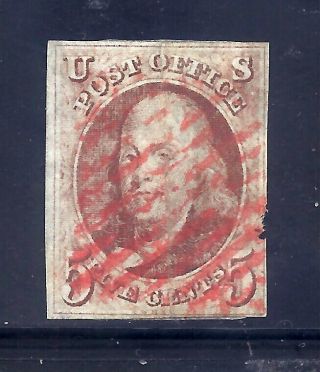 Us Stamps - 1 - - 5 Cent Franklin 1847 Imperf Issue - Cv $350 - Red Cancel