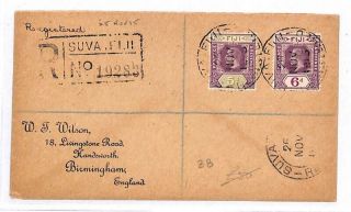 Gg26 1915 Fiji Kgv Issues Registered " Wilson " Cover Birmingham {samwells - Covers}