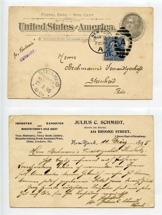 Usa 1895 Postal Card Sc Ux12 From York A Maritime Via Rms Teutonic Germany
