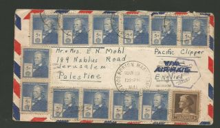 1941 Us Airmail Cover To Jerusalem Palestine Censor Via Pacific Clipper Service