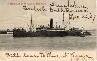 North Borneo Sandakan Norddeutscher Lloyd Bremen Postcard Of Ss " Darvel " 1907
