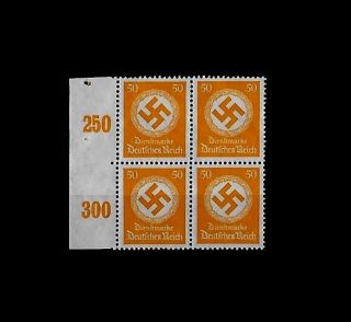 Germany Third Reich Official Mi 143 Block Of 4 Stamps With Swastika