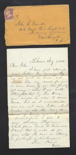 1862 Lebanon,  Pa Civil War Letter Sent To Brother In 93rd Pennsylvania Infantry