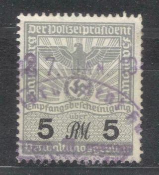 Germany Nazi Era Hamburg Police Revenue 5 Rm Stempelmarke Fiscal
