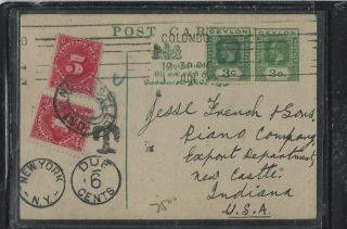 Ceylon Cover (pp1108bb) Kgv 3c Psc,  3c Us Postage Due 5c,  1c Short Paid To Usa