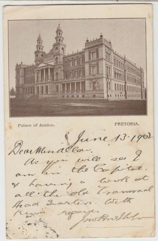 BOER WAR 1902 CENSORED Palace of Justice Pretoria pc PRETORIAL - CROYDON ENGLAND 2
