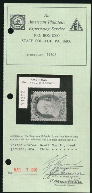 drbobstamps US Scott 18 Scarce Stamp w/APS Cert SCV $500 3