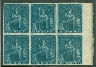 Sg 5a Barbados 1d Slate Blue.  A Very Fresh Mounted Marginal Block Of 6.