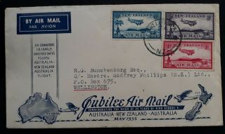 Rare 1935 Zealand Kgv Jubilee Airmail Aust To Nz Flight Cover Ties 3 Stamps