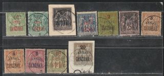 1896 - 1900 French Colony Stamps,  Zanzibar,  1/2a To 10a,  Sc 17a - 27