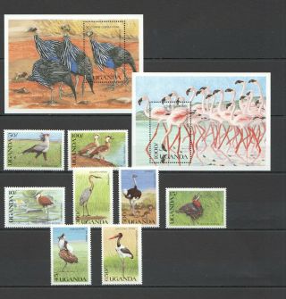 O151 1990 Uganda Fauna Birds 813 - 820 Michel 35,  5 Euro 1set,  2bl Mnh