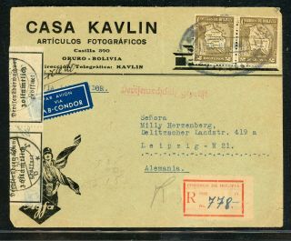 Bolivia Postal History: Lot 4 1937 Reg Multifranked Map Oruro - Leipzig $$$