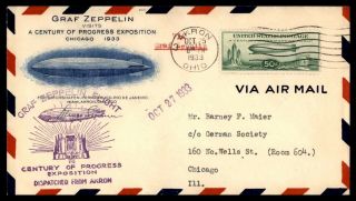 Akron Oh To Chicago Baby Zeppelin C18 Flight Cover Century Of Progress Expo