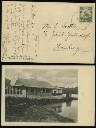 Germany Karolinen 1914 Wirtschaft Zur Kokosnuss Postcard Yap To Hamburg