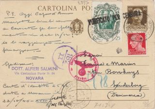 Italy Ww2 Stationery Postcard Censored 1943 Novara To Denmark