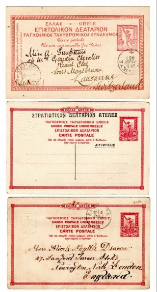 1901/02 Greece Illustrated Stationery Cards X 3/,  To Gb,  To Switzerland