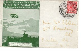 1911 First Aerial Post Gb Die 5 London 9th Sept Green Envelope Postal History