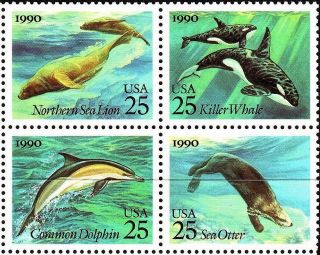 1990 25c Sea Creatures,  Killer Whale,  Block Of 4 Scott 2508 - 11 F/vf Nh