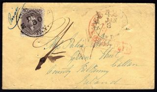 Usa 1863 Cover W/stamp Scott 70a From N.  Y.  To Ireland Surtaxe Cancels