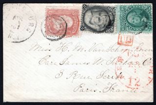 Usa 1867 Cover W/stamps Scott 73,  68,  65 From N.  Y.  To France