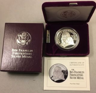 1992 Proof One Ounce.  999 Silver Ben Franklin Fire Fighters Medal