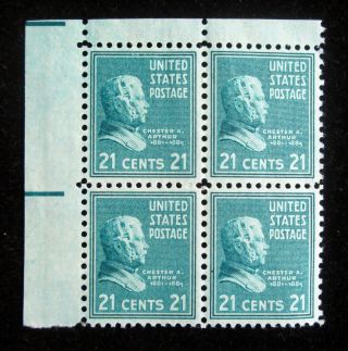 21 Cent 1938 Scott 826 President Chester A.  Arthur 4 Stamp Block Mnh Vf Og