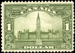 Canada 159 F - Vf Og H 1929 Scroll Issue $1 Olive Green Parliament Building