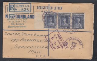 Newfoundland 1945 7c Queen Mary Margin Strip Registered Cover St John’s To Usa
