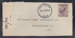Newfoundland 1945 Wwii Censored Cover Front Point Crewe To York Usa